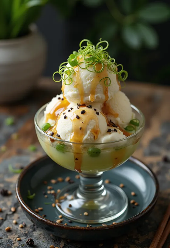 Frühlingszwiebel-Sundae mit Vanilleeis, Sesam und Sojasauce