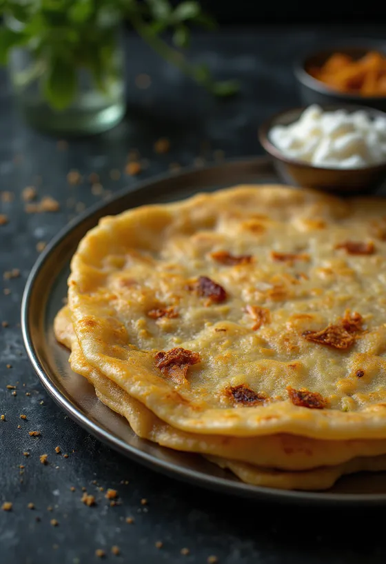 Frisch gebackene Adai Dosa, knusprig, mit würziger Füllung serviert