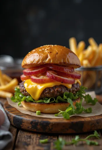 Bison Burger mit geschmolzenem Käse und frischem Gemüse