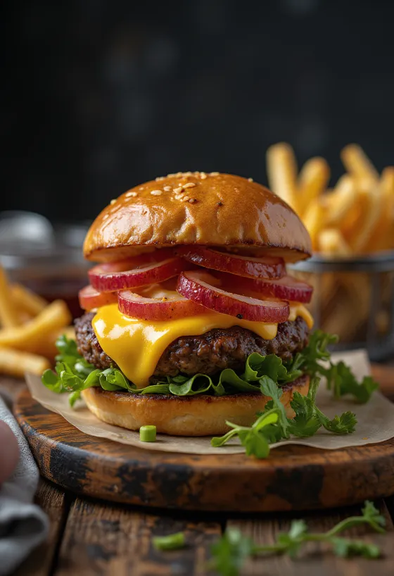 Bison Burger mit geschmolzenem Käse und frischem Gemüse