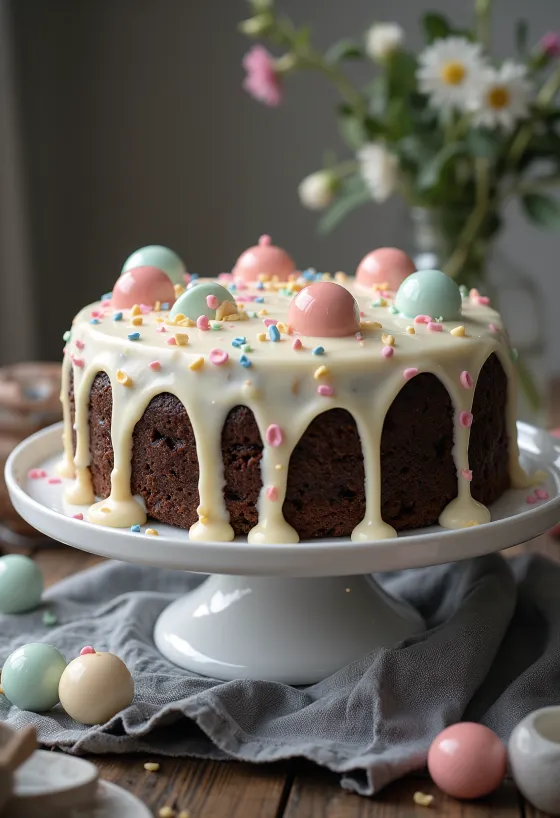 Schoko-Pünktchen-Torte mit weißer Creme und essbaren Punkten