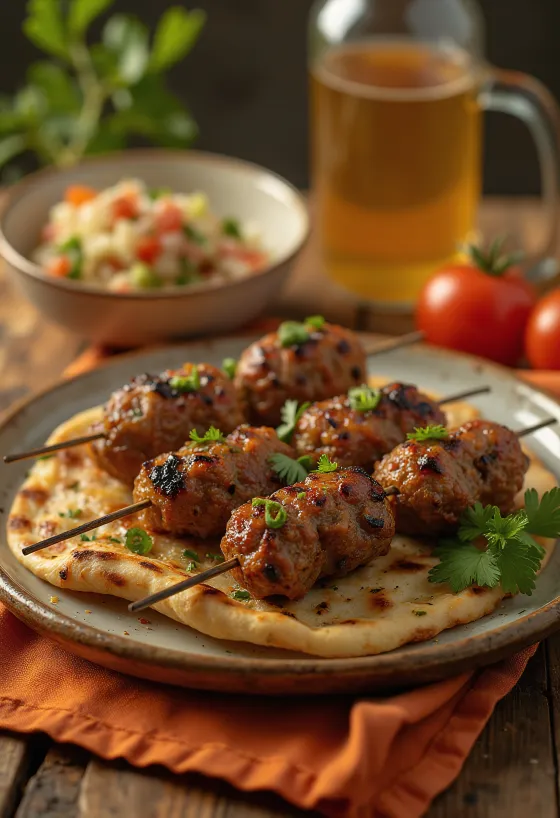 Würzige Kofta-Spieße aus Hackfleisch, mit Koriander und Röstzwiebeln