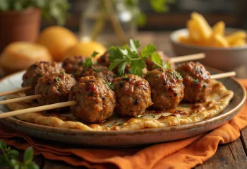 Würzige Kofta-Spieße aus Hackfleisch, mit Koriander und Röstzwiebeln