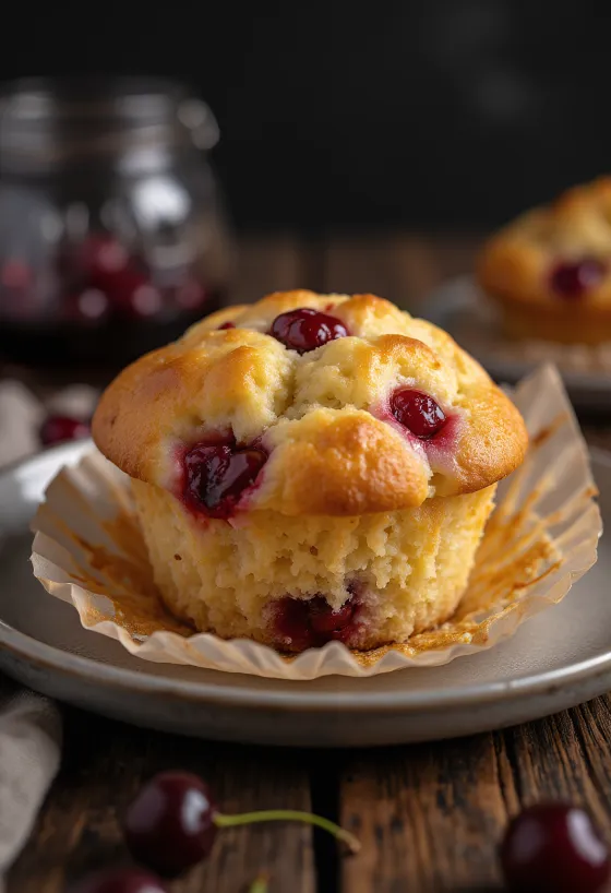 Frisch gebackene Sauerkirsch-Muffins, goldbraun und mit Puderzucker bestäubt