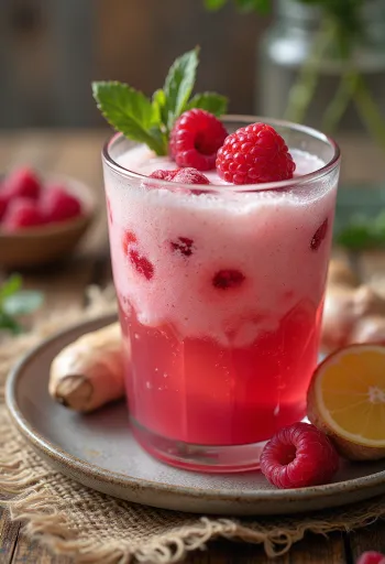 Probiotischer Himbeer-Wasserkefir in Gläsern, serviert mit frischen Himbeeren