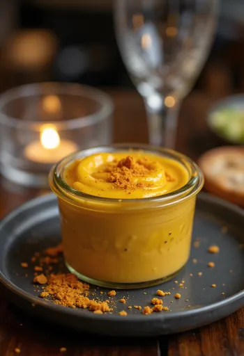 Bier-Senf-Sauce mit Chili in einer Schüssel, dekoriert mit frischem Chili und Senfkörnern.