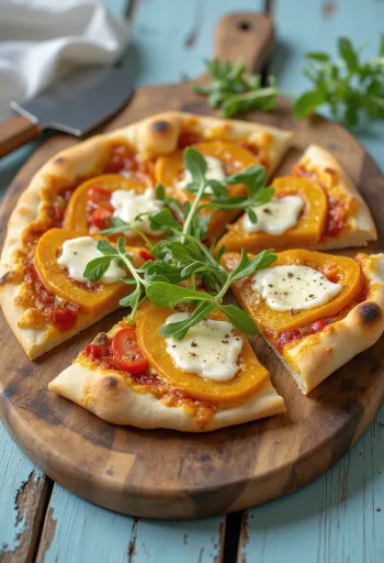 Kürbis-Pizza mit veganem Käse serviert