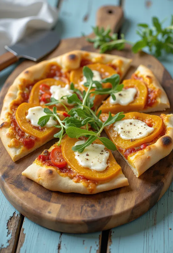 Kürbis-Pizza mit veganem Käse serviert