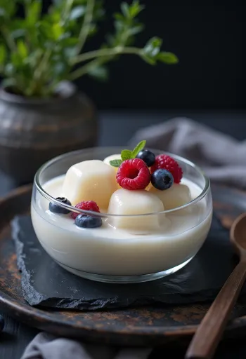 Warabi Mochi mit Tofu-Pudding und frischen Beeren serviert