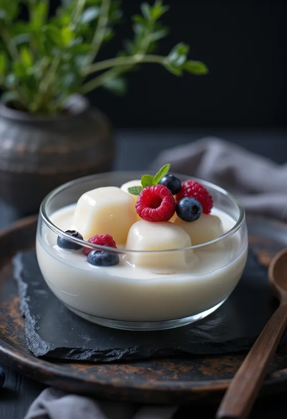 Warabi Mochi mit Tofu-Pudding und frischen Beeren serviert