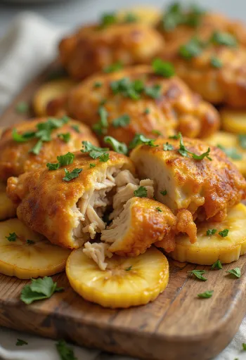 Acarajé mit Hähnchen, Tapioka-Bällchen, serviert mit gebratener Banane und Koriander