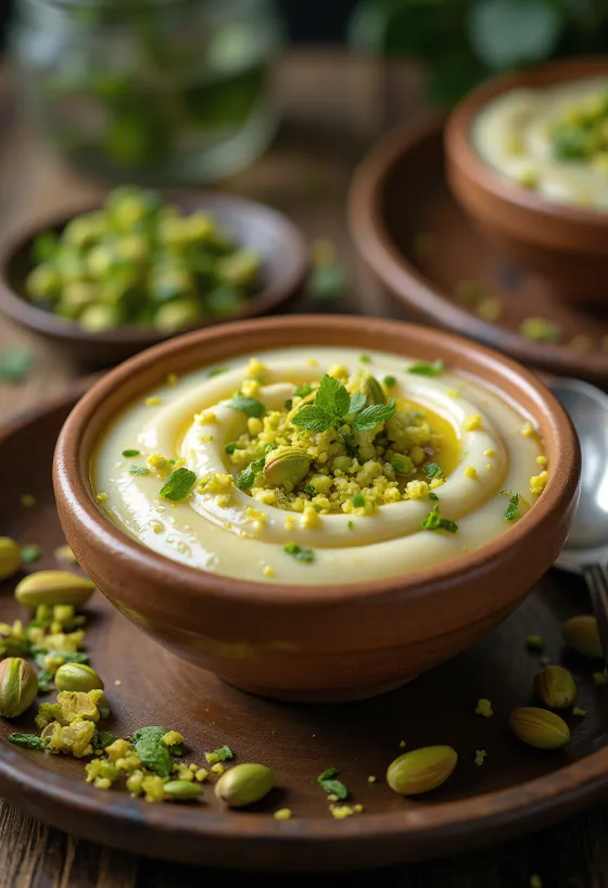 Basundi mit Pistazien, indisches Dessert auf Milchbasis mit Pistazien