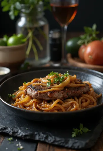 Bistec Encebollado serviert mit Zwiebeln und Beilage