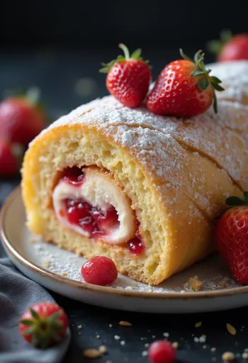 Erdbeer-Biskuitrolle in Scheiben geschnitten, mit frischen Erdbeeren serviert