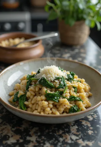 Farro mit Spinat und Parmesan, serviert mit frischer Zitrone