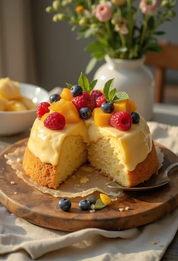 Frischer Obstboden mit bunten Früchten und glänzendem Tortenguss