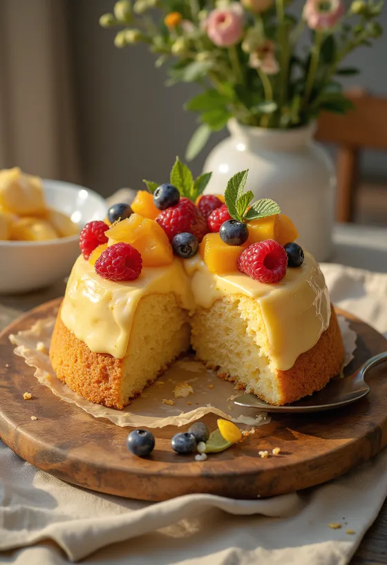 Frischer Obstboden mit bunten Früchten und glänzendem Tortenguss
