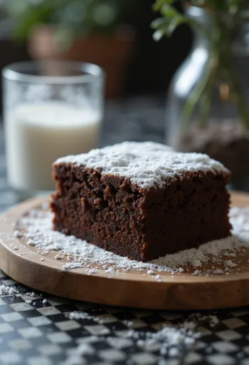 Kakaokuchen in Schnitten, mit Puderzucker bestreut