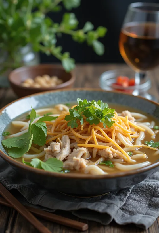 Pho Ga serviert mit Reisnudeln, frischen Kräutern und Limettenscheiben