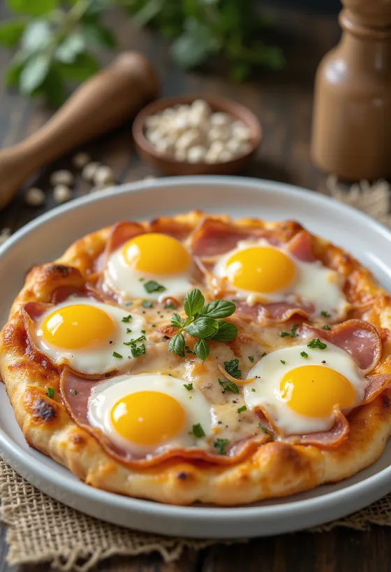 Pizza Bismark mit Ei und Schinken