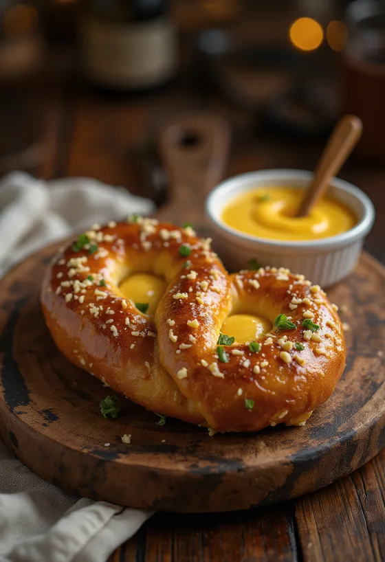 Frische, hausgemachte Brezel, knusprig und goldbraun, mit Honig-Senf-Dip