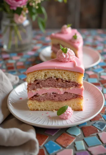 Punschtorte mit rosa Glasur, verziert mit Schokoladenstreifen und kandierten Früchten.