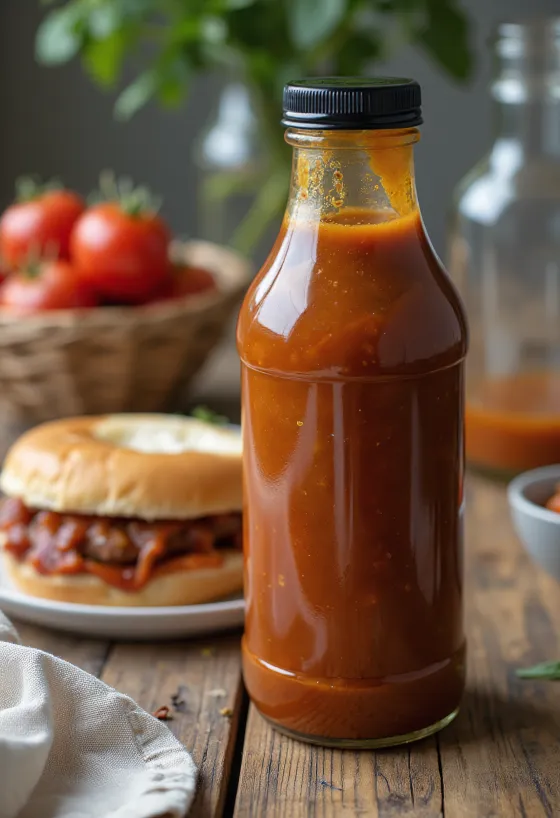 BBQ-Sauce mit Bier und Tomaten in einer Schüssel, neben gegrilltem Fleisch.
