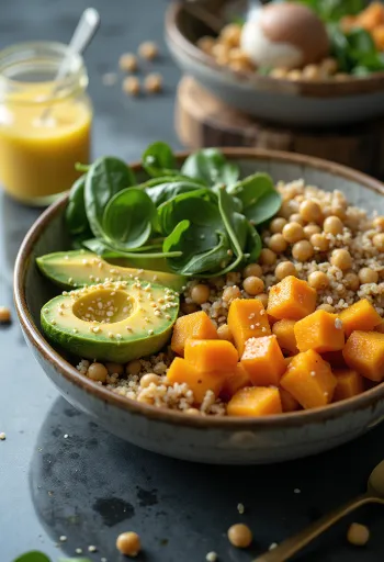 Kürbis-Quinoa Buddha Bowl mit frischem Gemüse