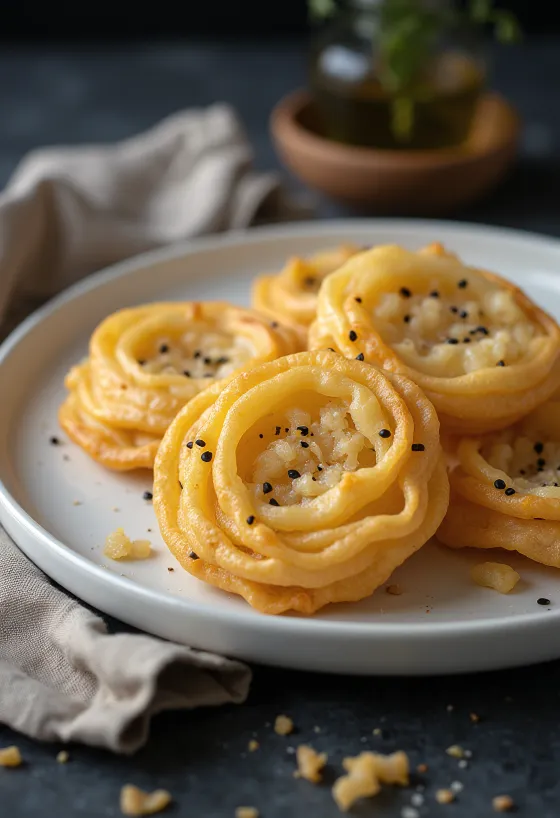Frisch gebackene Achappam Kokos-Rosetten in Goldbraun, in einer Schale angerichtet.