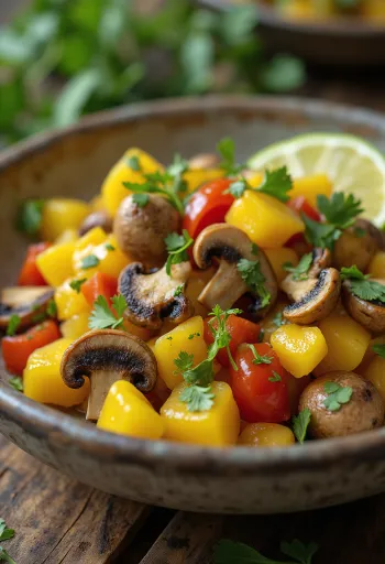 Ackee und Pilze, ein köstliches Gericht serviert mit frischem Koriander und Limettenscheiben