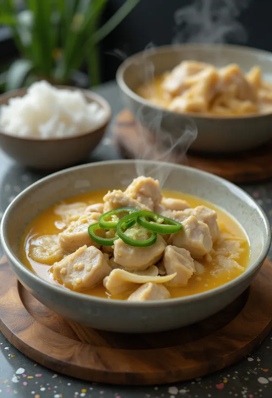 Bicol Express aus Schweinefleisch, serviert mit Kokosmilchsauce und Chilischoten