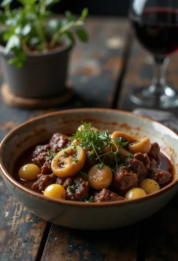 Boeuf Bourguignon serviert mit Kartoffelpüree