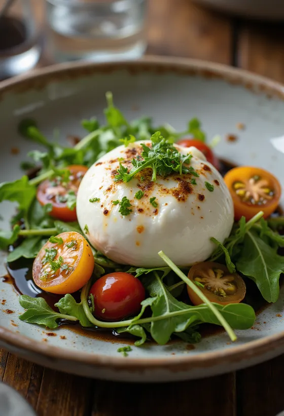 Burrata mit Balsamico, frischen Tomaten und Salat