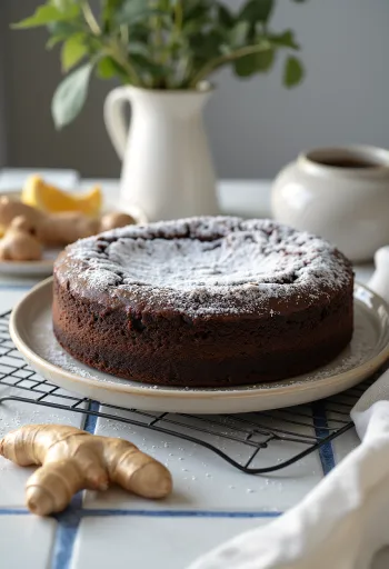 Schoko-Ingwer-Torte mit Puderzucker und geriebenem Ingwer dekoriert