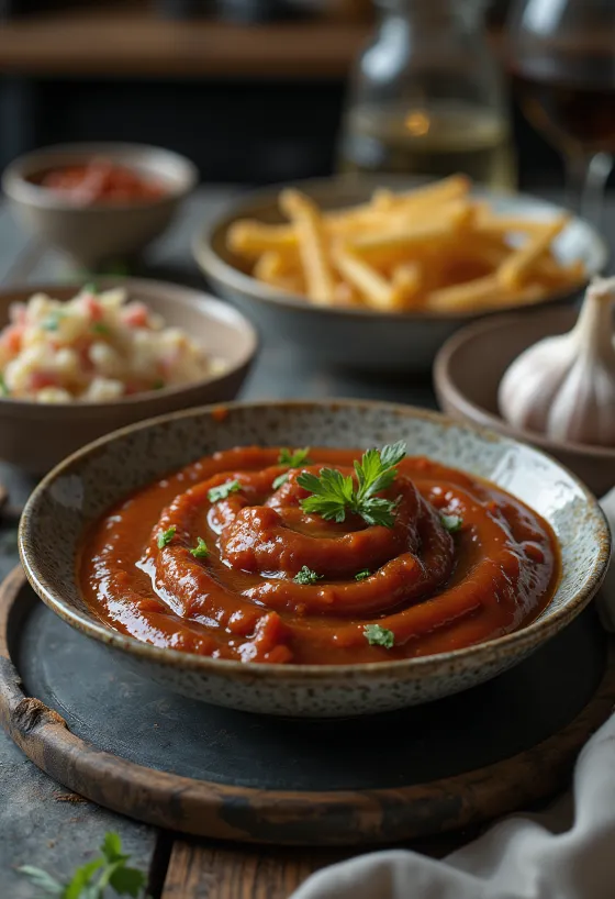 BBQ-Sauce mit geräuchertem Knoblauch serviert