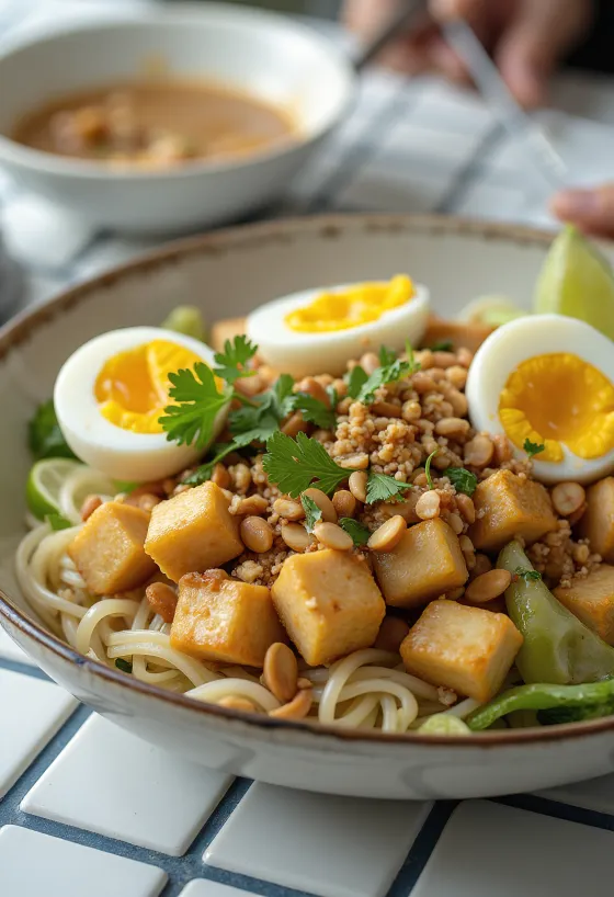 Gado-Gado mit Reisnudeln, Tofu und frischem Gemüse, Erdnüssen und Koriander