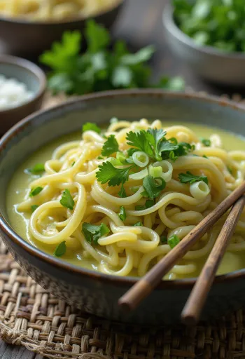 Nudeln mit grünem Kokos-Curry und exotischem Gemüse