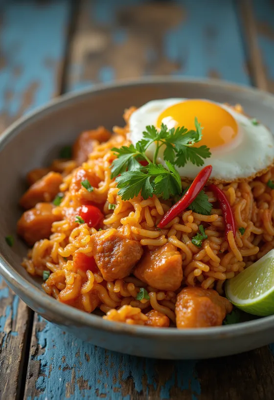 Nasi Goreng mit Chilisauce, reich an Gewürzen und serviert mit Chilisauce
