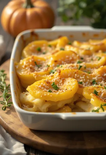 Kartoffel-Kürbis-Gratin serviert