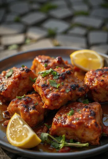 Tandoori-Ziege serviert mit Naan-Brot und frischem Koriander.