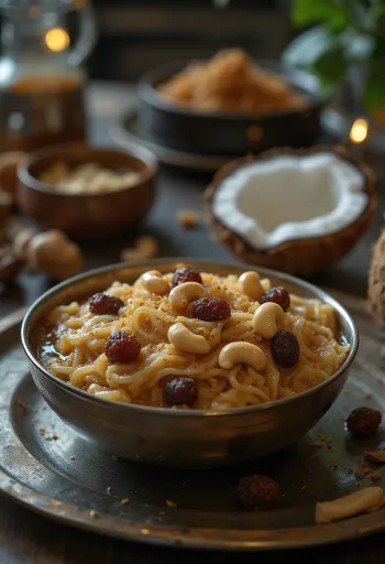 Ada Pradhaman, serviert mit Kokosmilch und Rosenwasser