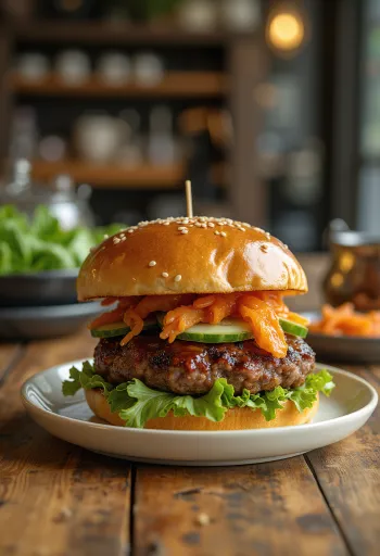 Bulgogi Burger serviert mit Salat und Kimchi