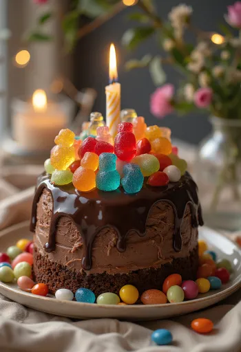 Candy Cake mit bunten Süßigkeiten und Perlen dekoriert