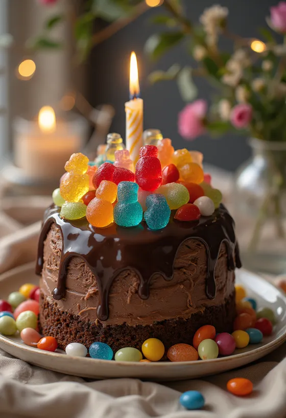 Candy Cake mit bunten Süßigkeiten und Perlen dekoriert