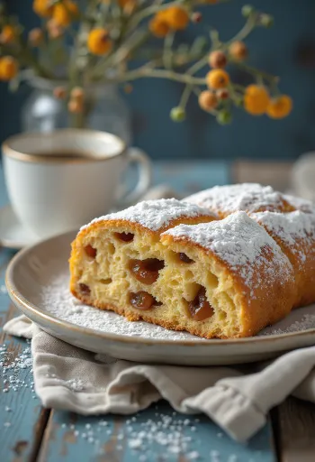 Servierte Kaffee-Karamell-Stollen-Scheiben auf einer Platte