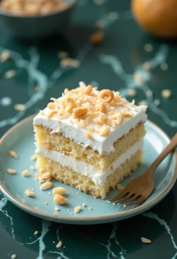 Servierte Kokos-Sahne-Torte mit Kokosraspeln