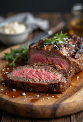 Picanha, gegrillte brasilianische Rindfleischscheiben mit Bratkartoffeln und Chimichurri-Soße