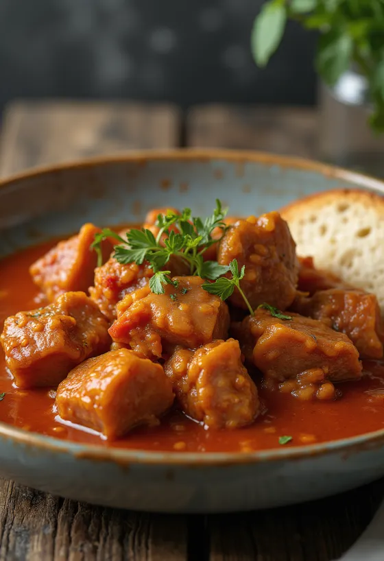 Schweinegulasch serviert mit Kartoffeln und frischer Petersilie