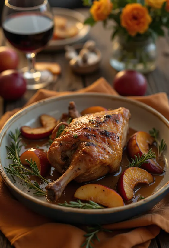 Knusprig gebratene Entenkeule serviert mit Kartoffelpüree und gedünstetem Rotkohl