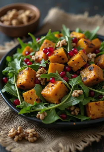 Salat mit Kürbis und Tofu serviert